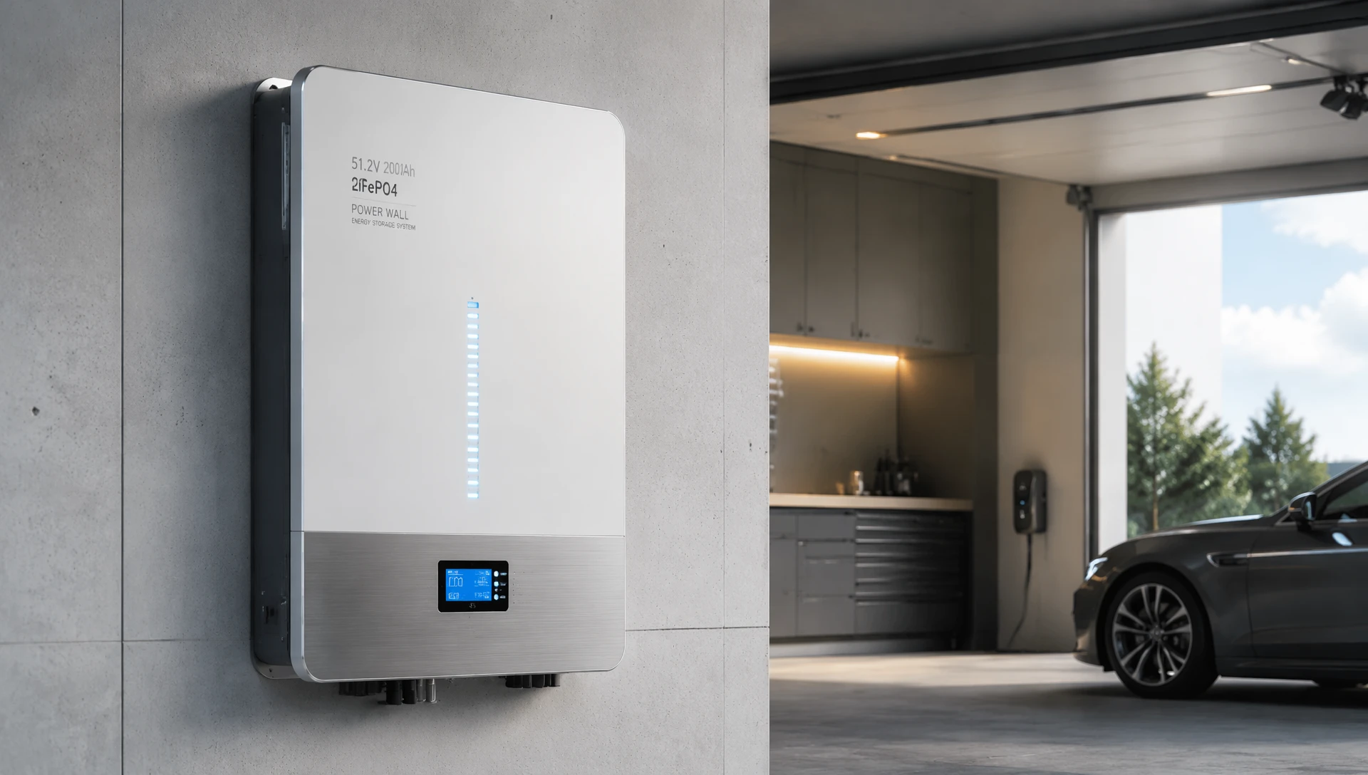 51.2V 200Ah太阳能家庭储能系统与逆变器在现代住宅车库的壁挂安装实景图 51.2V 200Ah太阳能家庭储能系统与逆变器在现代住宅车库的壁挂安装实景图
