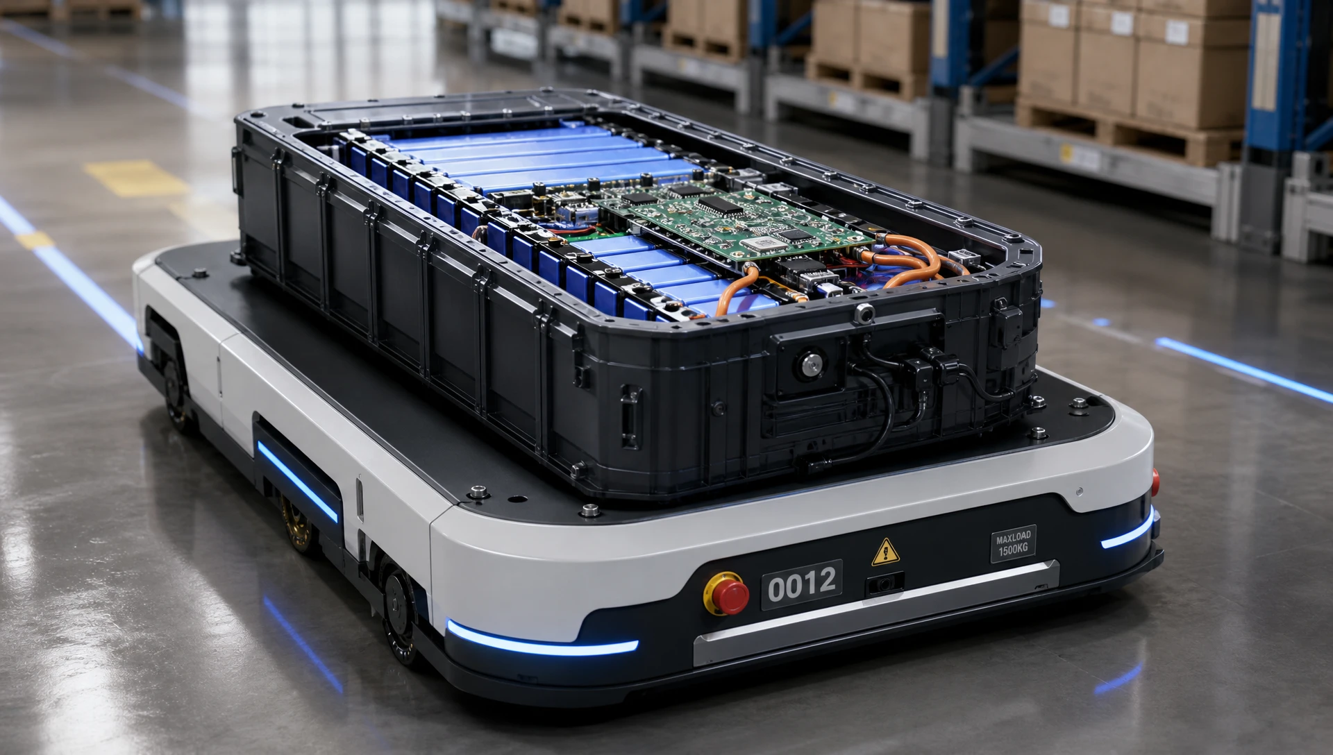 AGV 自动搬运机器人搭载工业级 18650 锂离子电池包与智能 BMS 模块
